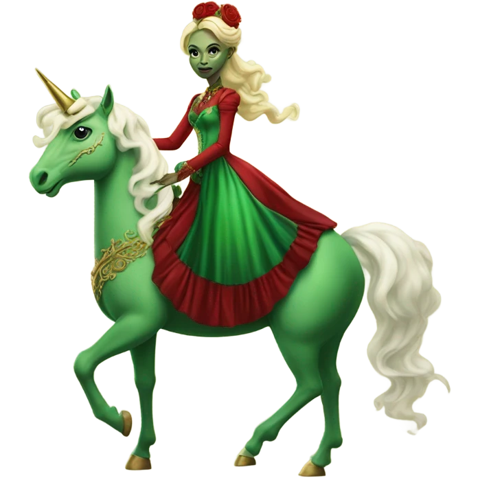 "galora green blonde alien woman" in red Victorian elegant dress, full body, rides unicorn gold and white
 emoji