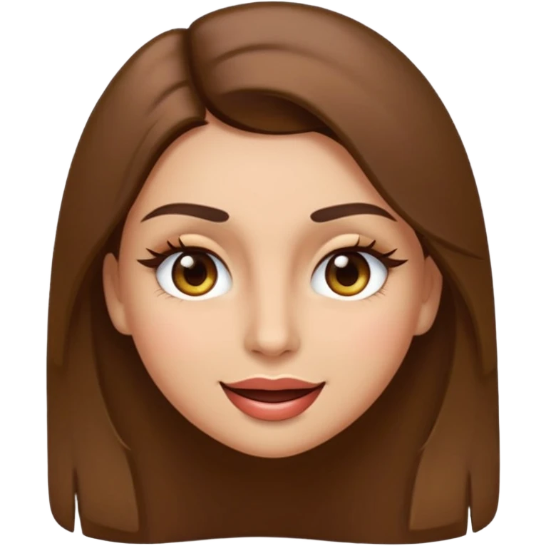 emoji style face of a woman with long straight brown hair, brown eyes, thick eyelashes, light olive skin tone, winking emoji
