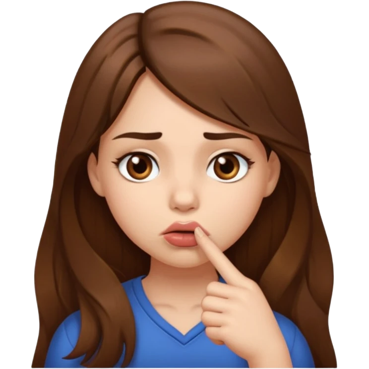 Emoji Fille cheveux long et brun yeux brun avec un doigt dans la bouche que la mains sois plancher vers en bas et que elle regarde comme si elle est coquine  emoji