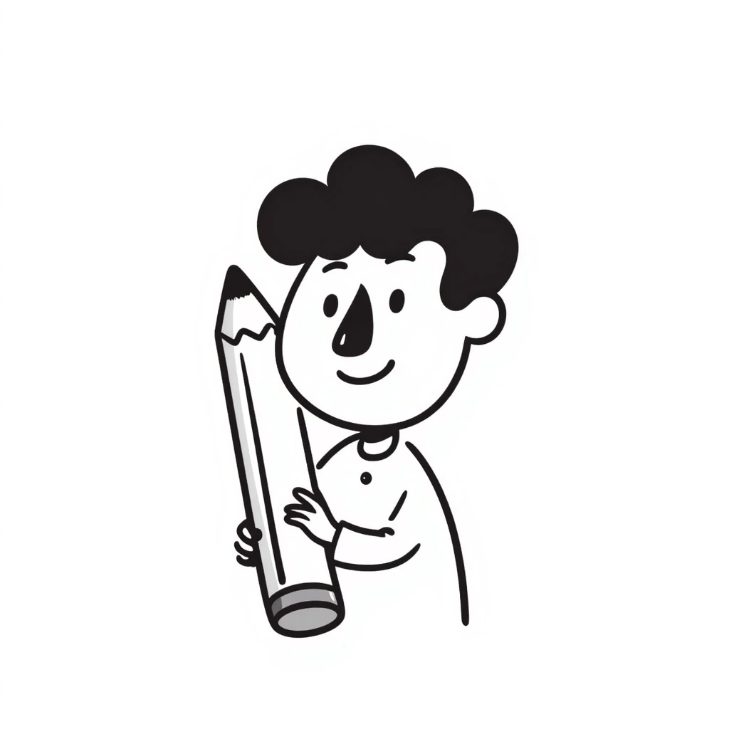 Mr. Squiggle, whimsical cartoon character with a pencil nose, playful and friendly expression, hand drawn doodle style emoji