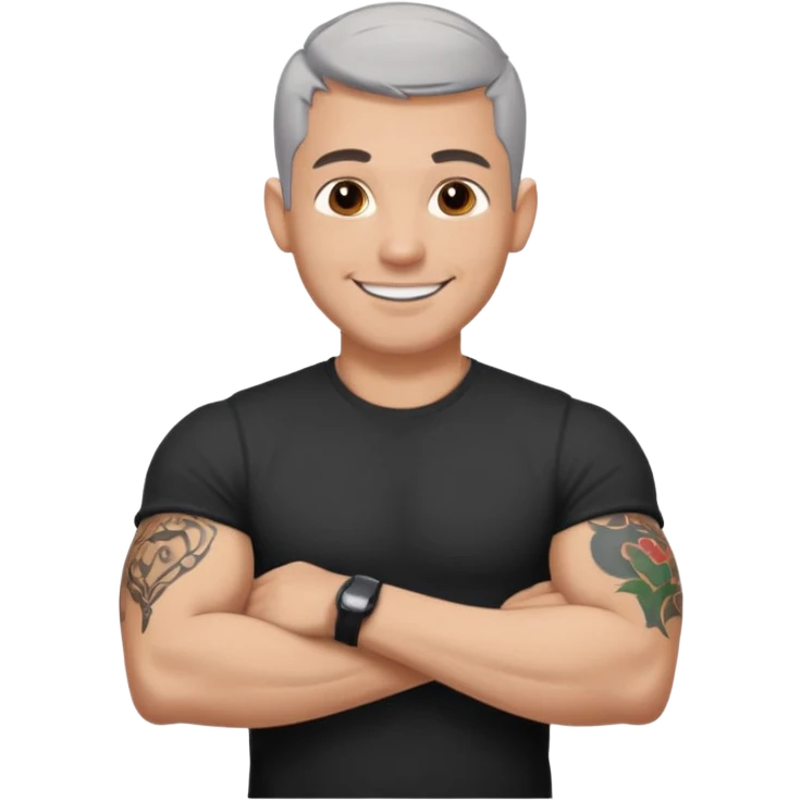 un homme de 35 ans, cheveux très court gris, qui sourit, musclé avec un seul bras tatoué et un tee shirt noir emoji