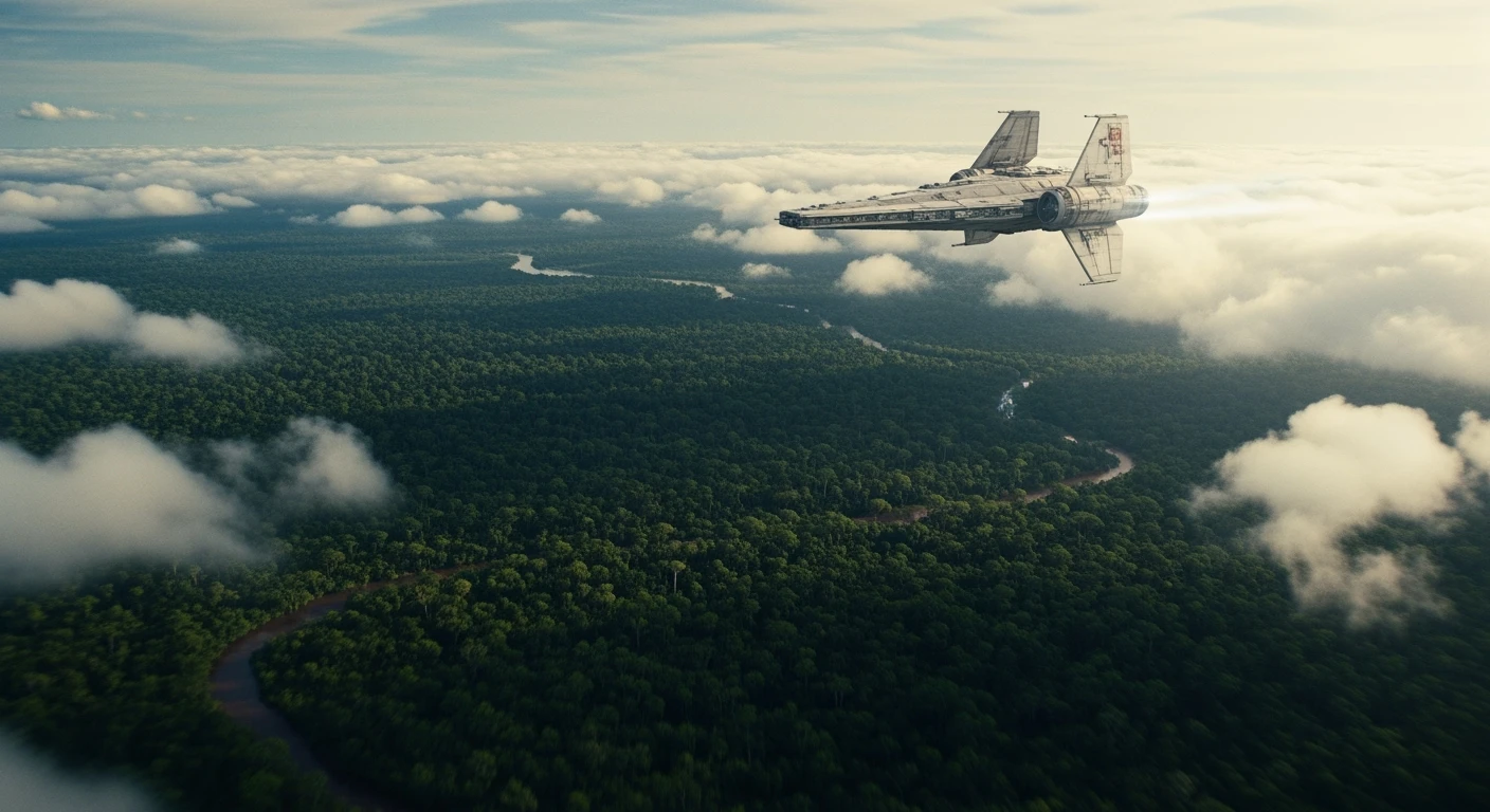 cinematic still, motion blur shutter speed, establishing shot, shot from top, amazon jungle from top,  starship around clouds, inspired by StarWars movie, captured by arri alexa emoji