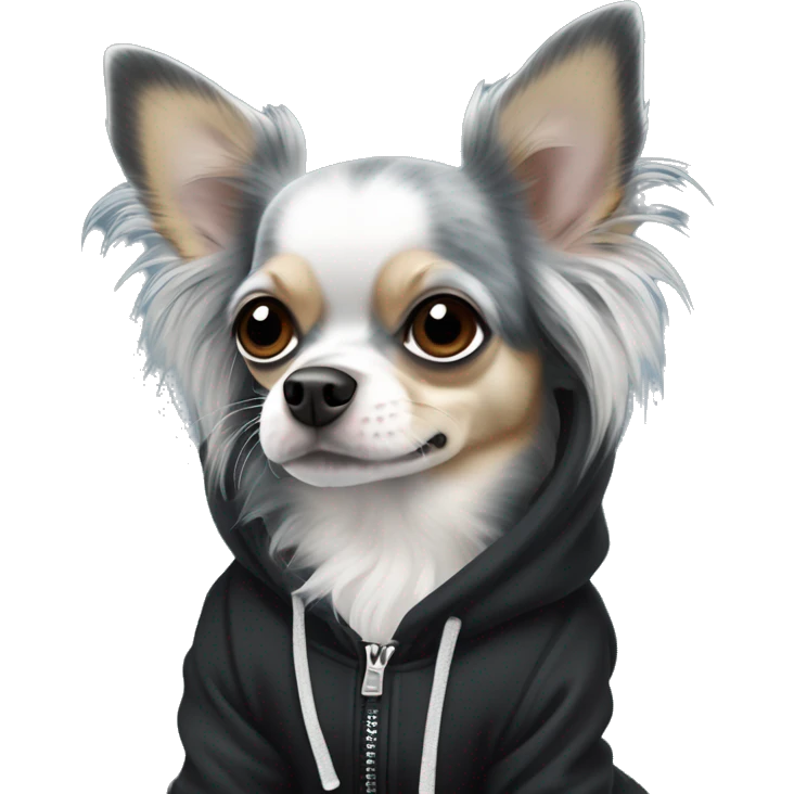 Realistic blue Merle grey long hair chihuahua dog in a black hoody emoji
