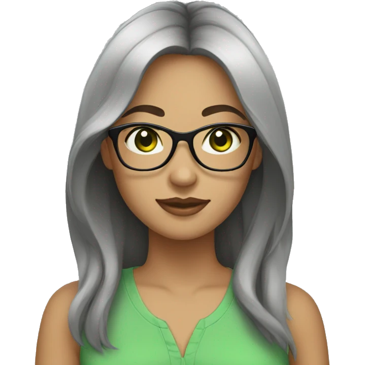 a woman wearing glasses, black hair, green eyes and light skin emoji