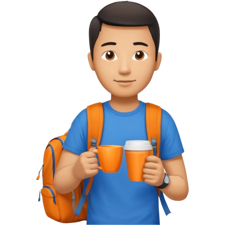 an asian man in blue t-shirt with orange cup of coffee and backpack on the back. Eiffel tower on the background. shoulder length picture emoji
