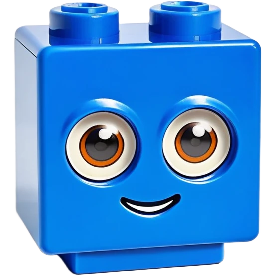 A bright blue Lego building block with big eyes and a happy expression emoji