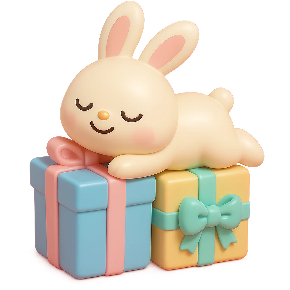 bunny lying on birthday gifts, sleepy and happy smile eyes, vinyl figure style emoji
