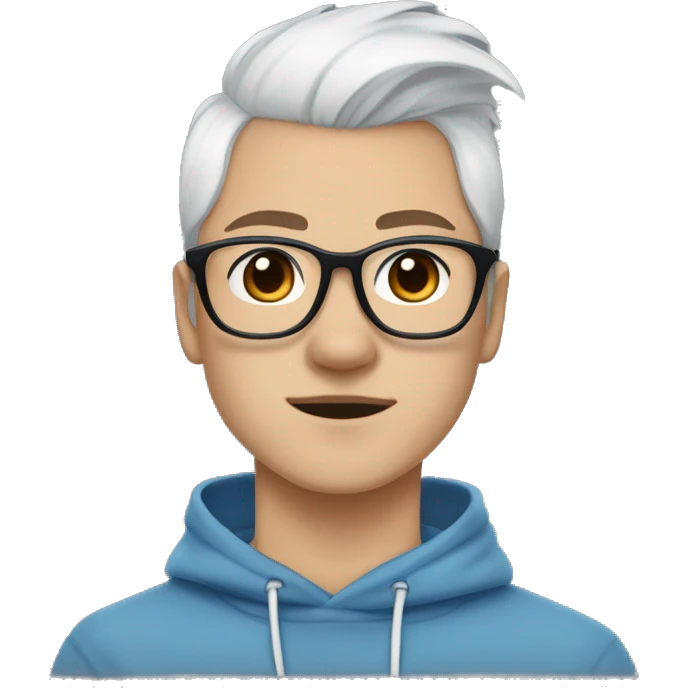A young guy long white hair pulled back into a ponytail and white skin and black-framed glasses and nose piercing wearing blue hoodie and a Shiba Inu dog next to him emoji