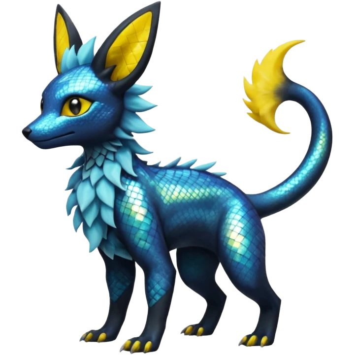Shiny Iridescent Helioptile-Salandit-Umbreon-Jolteon-Fakémon-hybrid-creature (full body)  emoji
