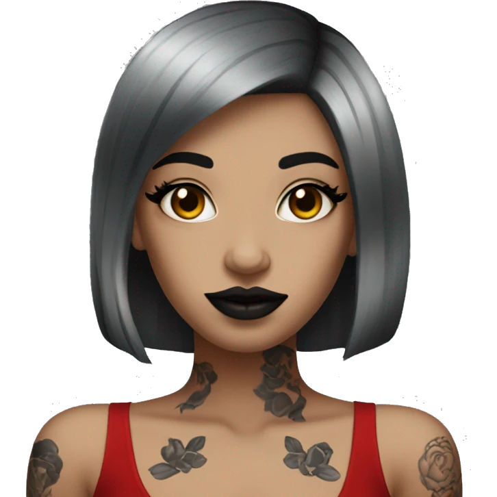 Pale black haired girl with black tattoos on body wearing red lipstick  emoji