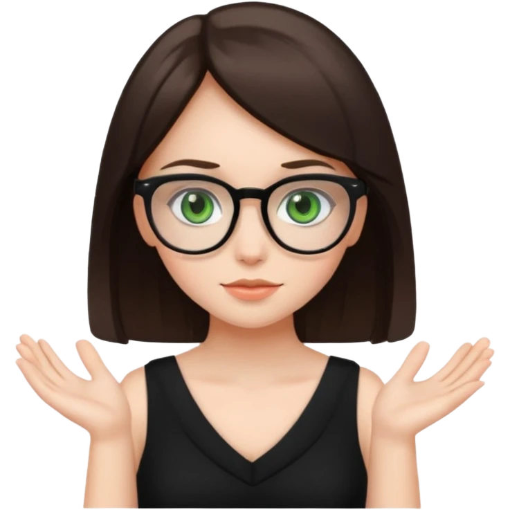 a cute white brunette girl with green eyes in a black dress wearing glasses  with two hands  emoji