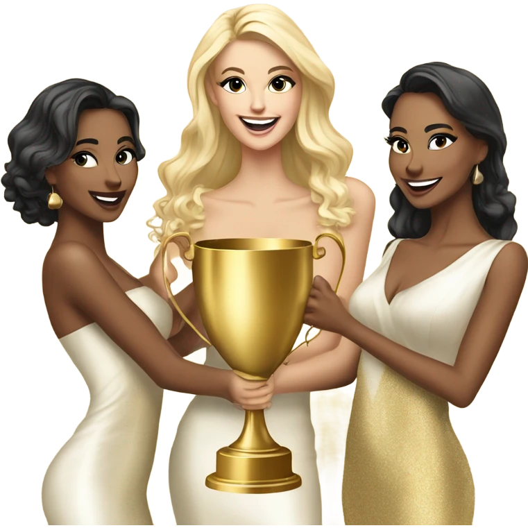 Seven beautiful and stylish blonde and Latina models celebrating with 1 huge gold trophy emoji