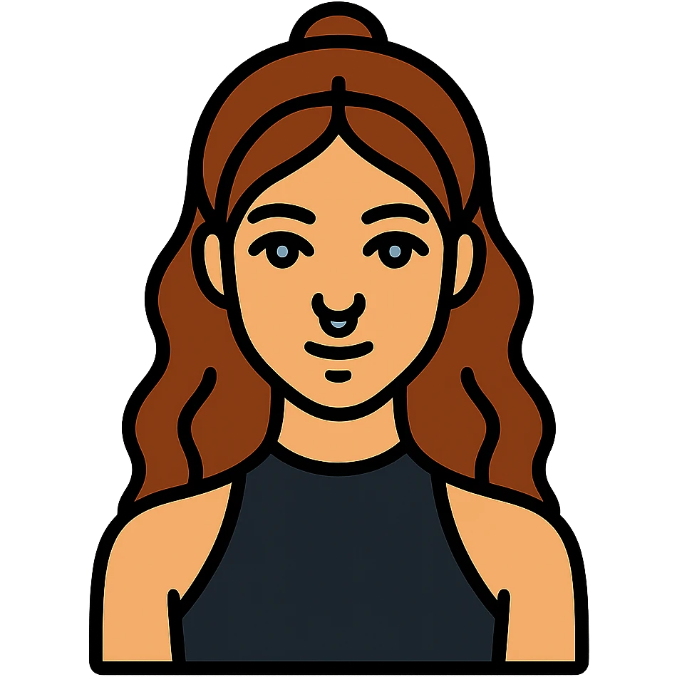 minimal icon of a woman with brunette half-up long wavy hair, blue-grey eyes, black high neck tank top, and a septum piercing, color outline style emoji