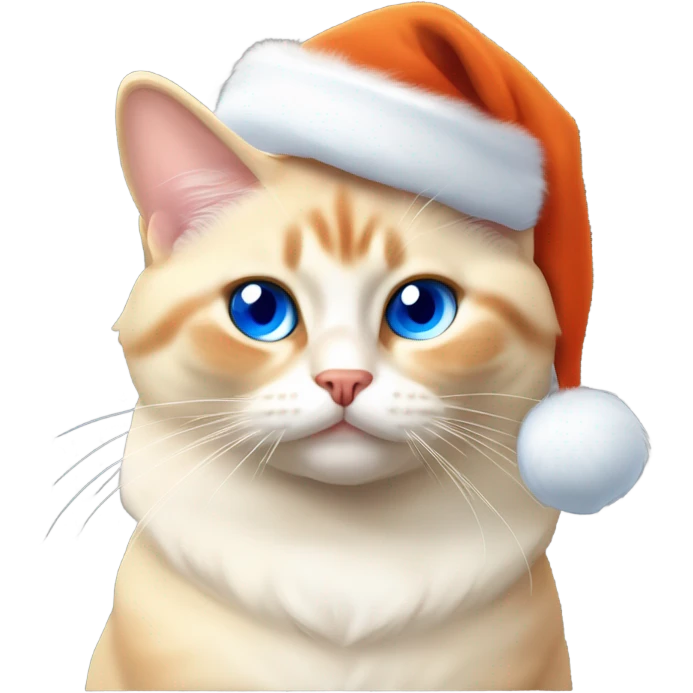 chubby fat, flame point Siamese, short fur, with white fur with orange accents, and blue eyes, smiling, wearing a red santa hat  emoji