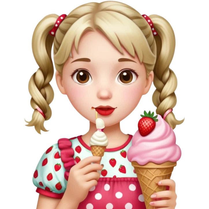 A cute girl with pigtails, wearing a strawberry-patterned top, holding an ice cream. emoji
