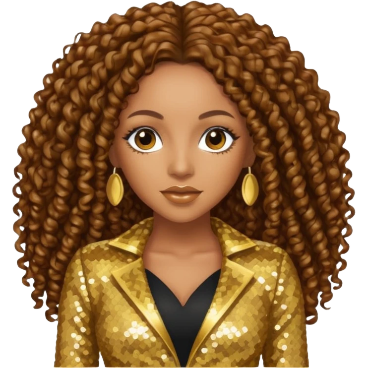 Melanie Brown with brown long curly hair, gold outfit emoji