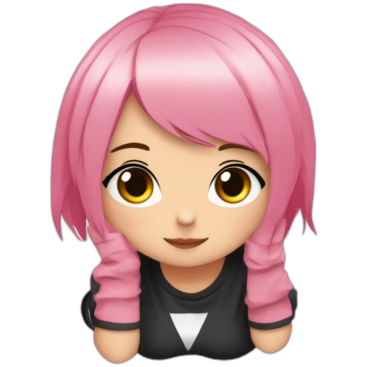 full body Front view curvy emo girl pink hair sits on the floor straight view hands up черная юбка белые трусики рваные полосатые чулки emoji