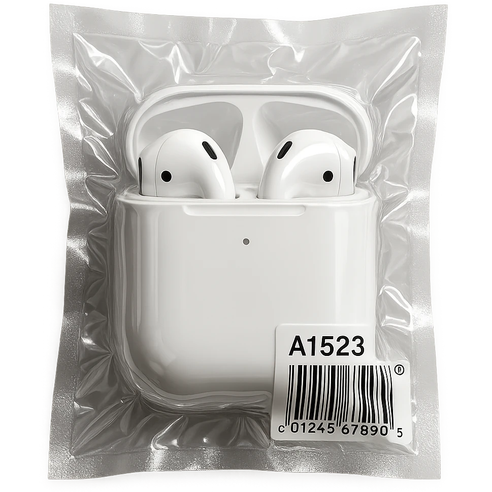 EarPods in a white charging case, glossy and inflated, no background emoji