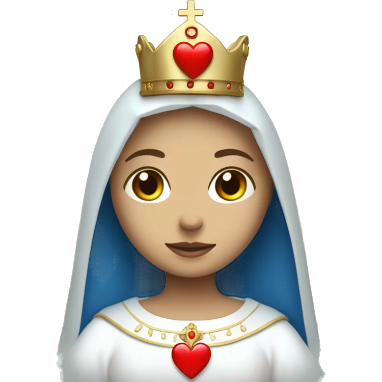 holy mary with a crown, blue veil, white clothes, white skin, holding a red heart in her hands emoji
