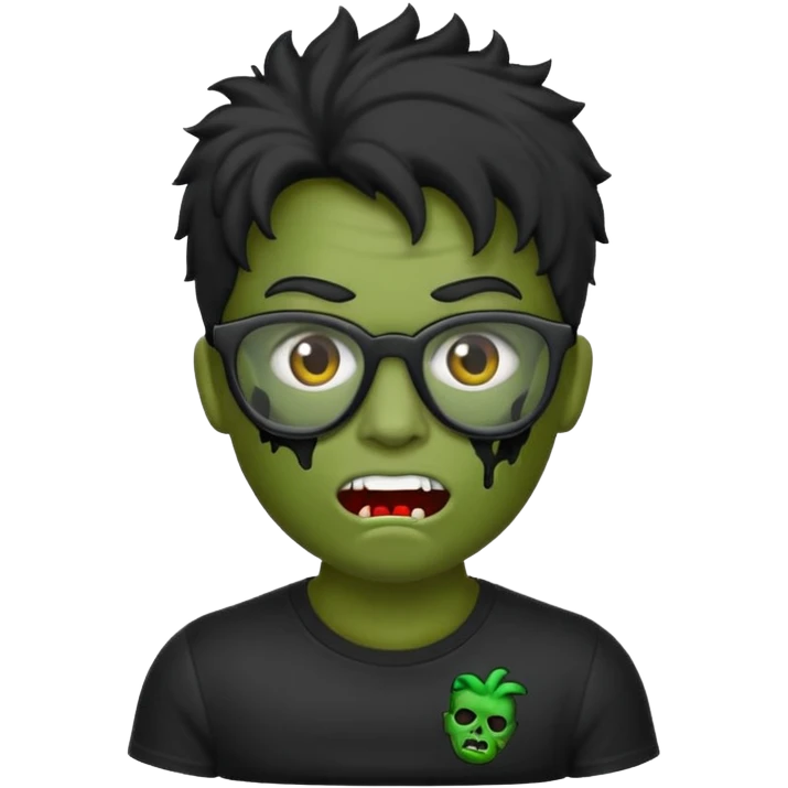 Crie um zumbi estilo emoji do iPhone com cabelo ondulado grande preto com camiseta preta e óculos de grau preto emoji