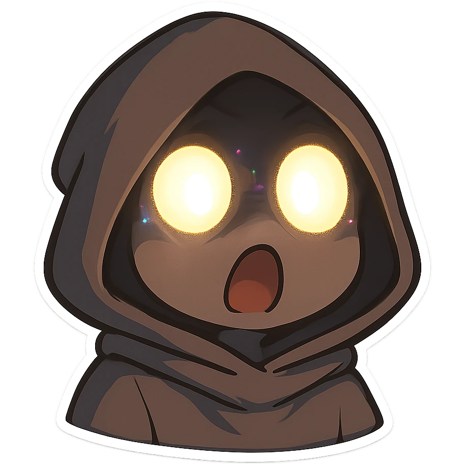 A close-up of a mysterious hooded figure with wide, glowing eyes shining brightly from under the shadow of the hood. The expression looks shocked or amazed, with subtle glitch or aura effects around the eyes. emoji