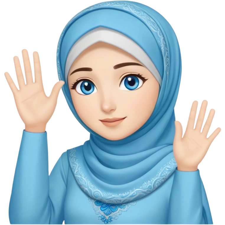 Turkish beautiful finish Konya girl blue eyes with light blue music design hijab islamic dress and musically background and she wave one's hand emoji