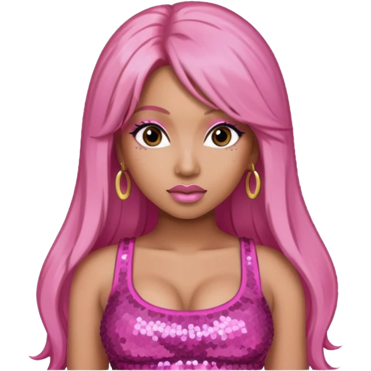 Nicki Minaj with long pink hair, pink sequin crop top, dark brown eye emoji