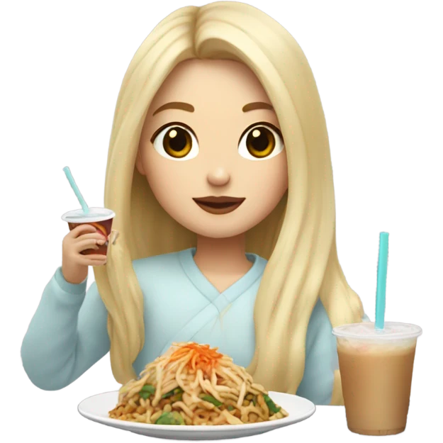  Blonde long hair girl eating Korean food and drinking boba emoji