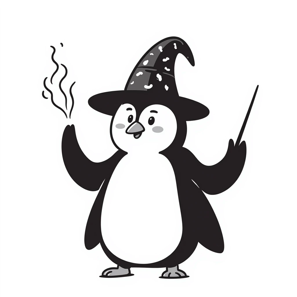 hand-drawn penguin with wizard hat and wand casting magic emoji