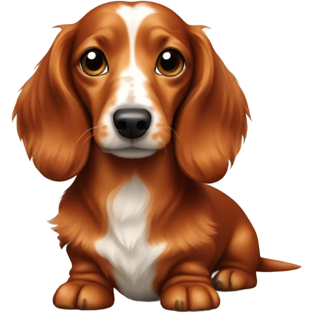 A long-haired marble dachshund stands red-haired emoji