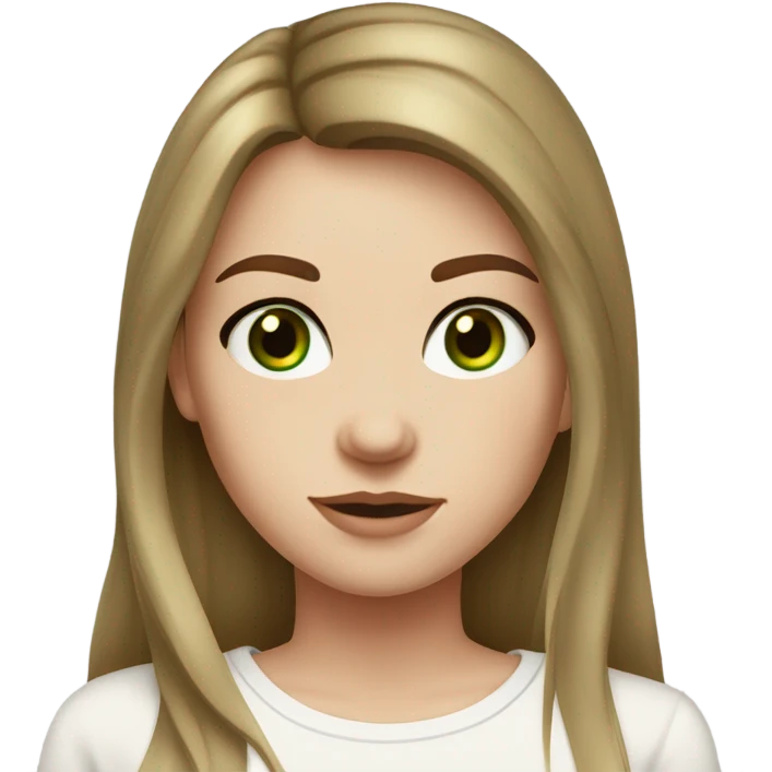 white girl. long brown hair with curtain bangs. freckles. long sleeve plain white shirt. gold necklace. dark green eyes. white shirt. emoji