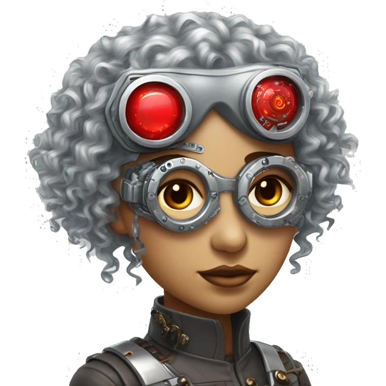 Silver curly hair female cyborg head with red steampunk goggles and circuits emoji