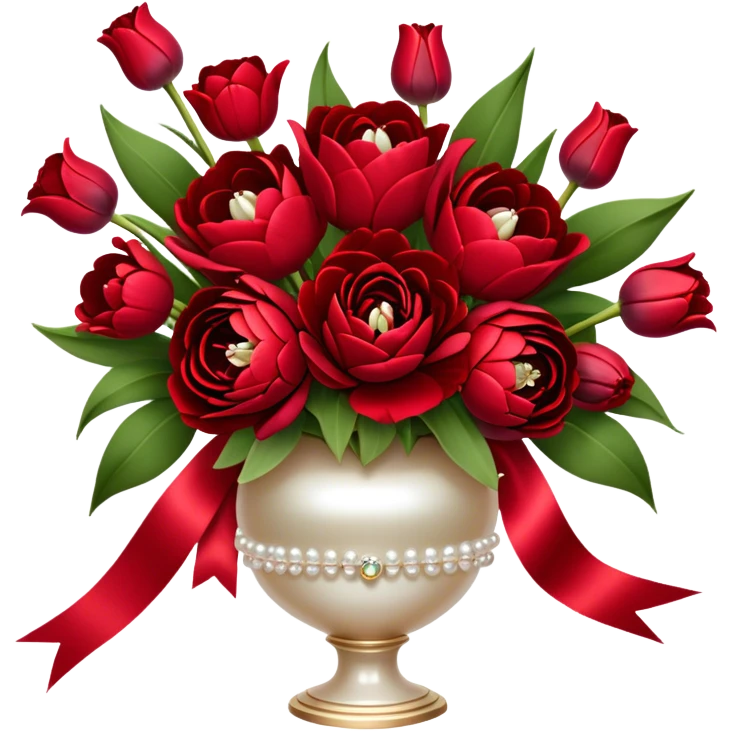 "A luxurious bouquet featuring deep red roses, vibrant red tulips, lush red peonies, and delicate red pansies, all tied together with elegant pearl-colored silk ribbons, arranged in a stunning crimson glass vase, set against a softly lit background."
 emoji
