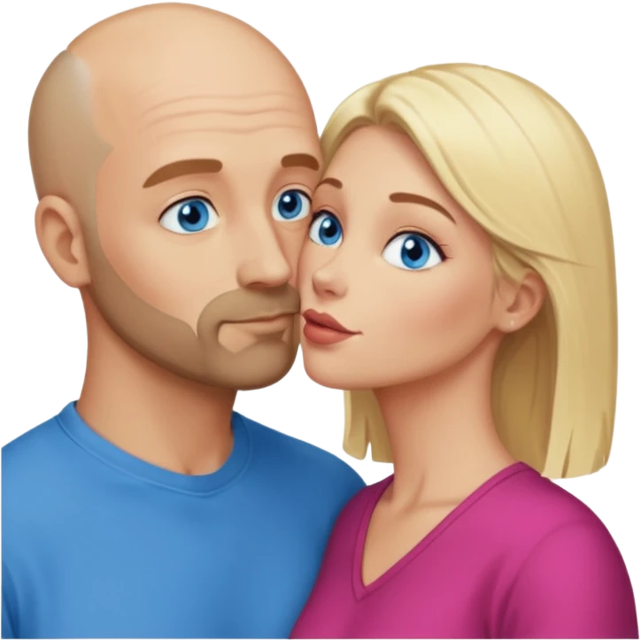 middle age bald man with scruff, blue eyes a.  Kissing blonde woman with blue eyes emoji