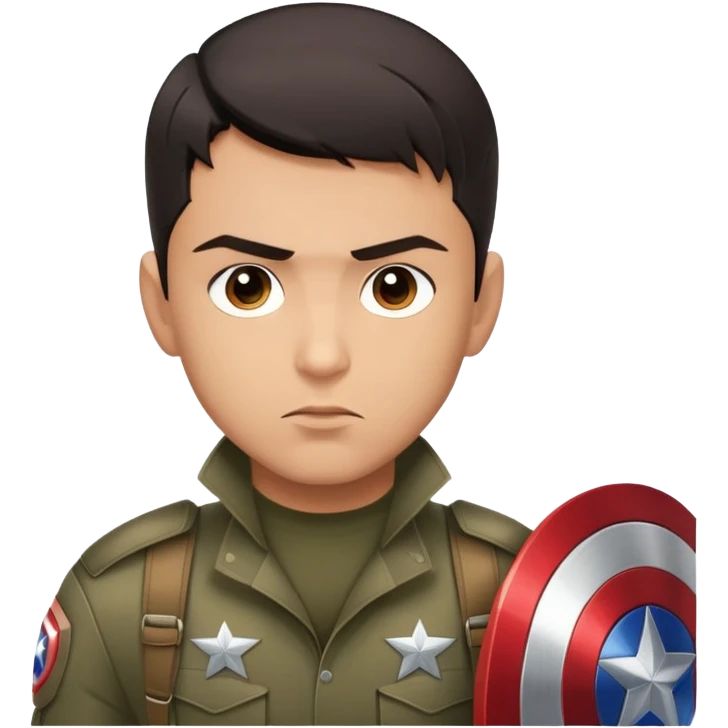 A young, confident Latino actor with short, dark hair, dressed in a modern military-style outfit. He has a determined expression on his face, with the Captain America shield subtly reflected in his eyes. The scene takes place in a gritty urban environment with a touch of superhero flair. emoji