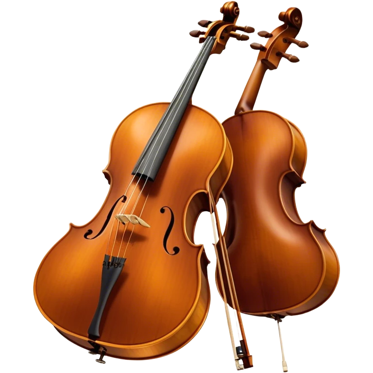 Create a refined and detailed emoji representing a Cremona cello with a bow. The design should feature the smooth, polished wooden body of the cello with a deep, rich tone color. The strings and tuning pegs should be visible, emphasizing the instrument's fine craftsmanship. Add a delicate bow placed gently across the strings, with intricate detailing on the hair and frog. Include subtle musical notes around the cello to evoke the graceful, classical sound. Use warm wood tones and accents like gold and silver for a professional, elegant look. The background should be transparent. emoji
