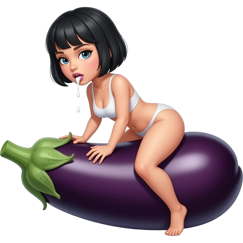 White woman black bob haircut straddling an aubergine with milk dripping from mouth emoji