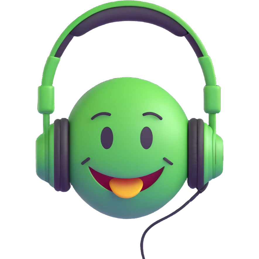 3D smiley emoji, round shape, green color, with text 'csak a zene', wearing headphones, happy face emoji