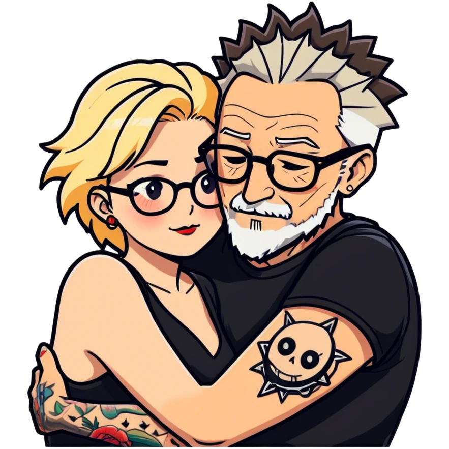 A couple in love, older man man had short spiky salt and pepper hair and a short stubbly beard and no glasses he has tattoo sleeves. The lady is younger, blonde long hair and curvy  cleavage and wears glasses and makeup emoji