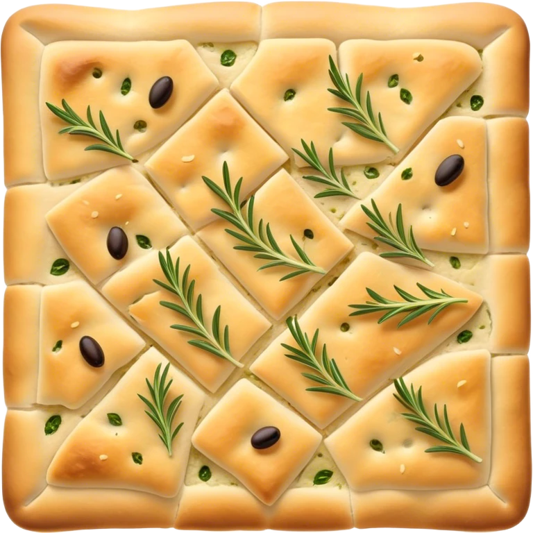 Focaccia Cinematic Realistic Focaccia Bread Dish Emoji, depicted as a golden, olive-oil brushed flatbread sprinkled with herbs, rendered with lifelike textures and warm, inviting lighting. emoji