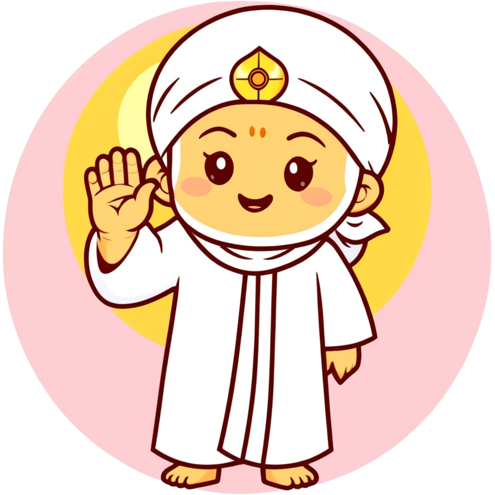 Sai Baba of Shirdi in emoji format, peaceful expression, white robe and headscarf, golden halo, round face, minimal and symbolic, right hand raised in blessing with two fingers up, pastel background, clean vector, glowing eyes, spiritual, sticker style emoji