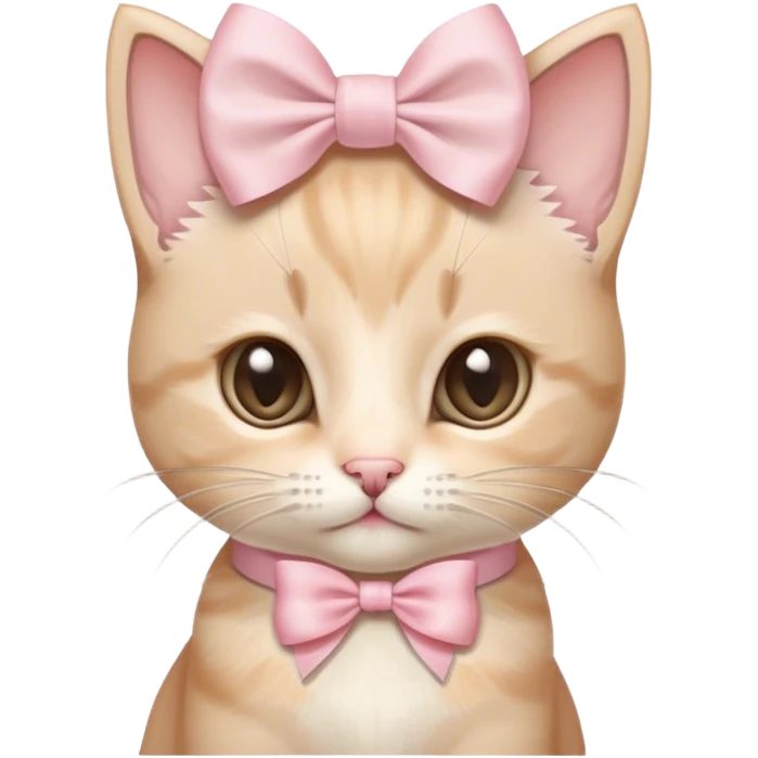 a very small beige kitten with a slightly white muzzle and a large light pink bow on its head, a purebred kitten with a large head emoji