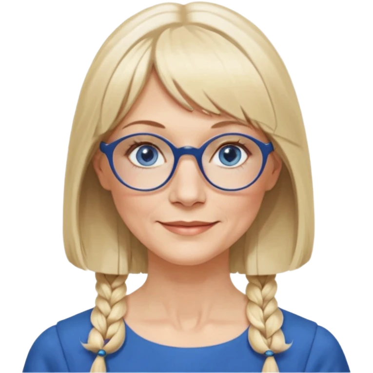 50 yr old white woman, hippie parted very long hair, short bangs, very long straight blond hair, oval face, small smile, blue eyes, thin face, hair downback, hair parted at center of head, round cheeks, pale, longer hair, business dress, long hair, big square glasses, long hair emoji