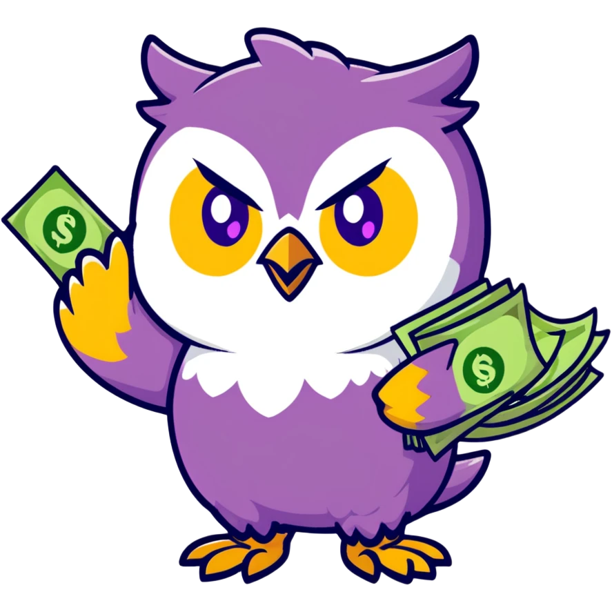 wealth luck symbolizing owl character, large green eyes, golden feathers, holding a money pouch in its feet, pastel tones, sticker style, rounder and cuter emoji