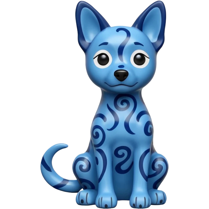 The image is of a small figurine of a blue dog. The dog is sitting on its hind legs with its front paws stretched out in front of it. The body of the dog is covered in a pattern of blue and black swirls, giving it a textured appearance.  emoji