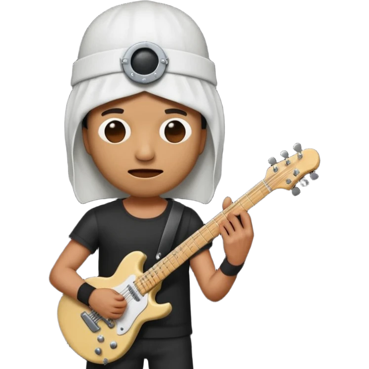 A quirky emoji-style character of a guitarist wearing a white bucket on his head, with two eye holes, a blank expression, and a small theatrical mask on the bucket. He’s holding an electric guitar, dressed in a simple black outfit, giving off a mysterious but playful rock legend vibe. emoji