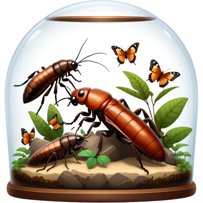 Close-up of giant Madagascar hissing cockroaches, butterflies, and stick insects inside a terrarium, with detailed textures of their bodies, wings, and legs. Soft lighting highlights their features. Transparent background. emoji