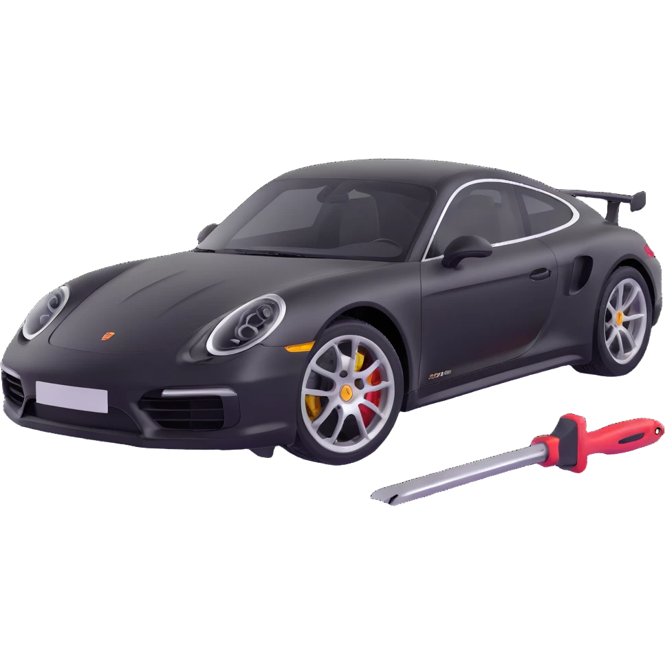 Porsche luxury car with a visible dent from a crash, dent repair tools like a lever and small hammer, elegant and modern emoji