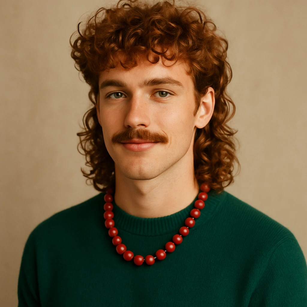 curly red-haired man with a mullet and mustache, green sweater, red necklace, attractive and fashionable emoji