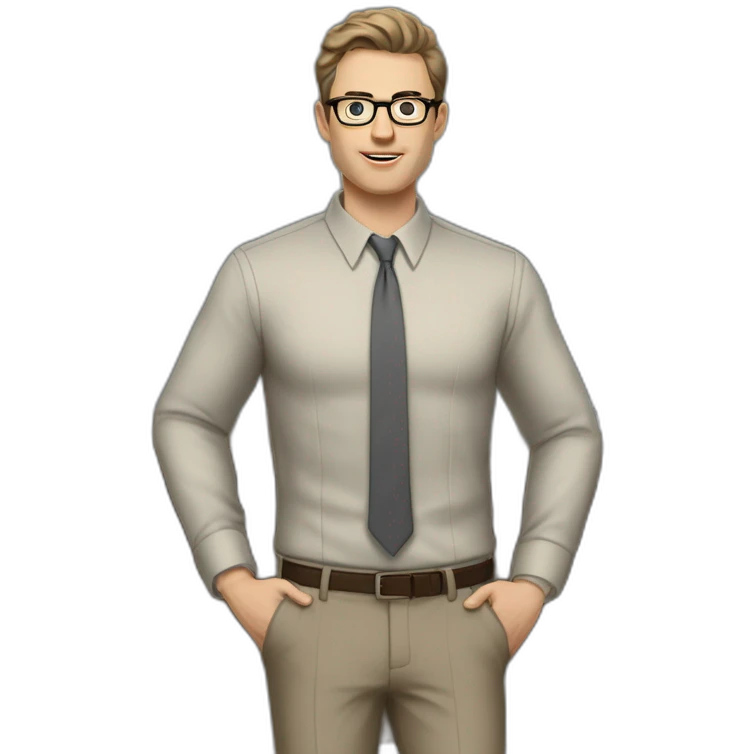 Full height Gesticulating Pale skinned fit man with dark brown hair in gray jacket, beige office shirt, brown tie, brown pants and vintage glasses. emoji